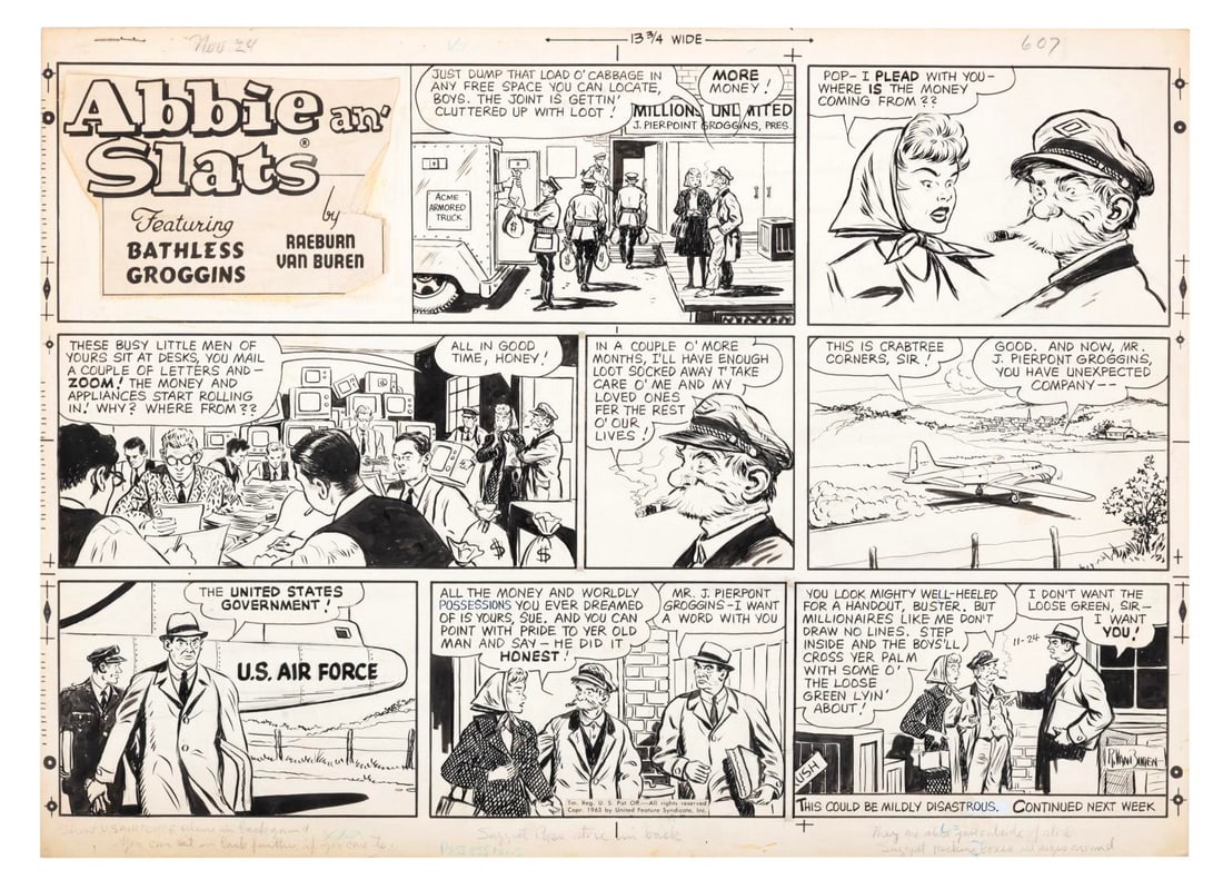 1963 Abbie an' Slats Original Sunday Strip Art.: (United Feature Syndicate, 1963) A page of original artwork for the Sunday comic strip "Abbie an' Slats," on November 24, 1963. Featuring Becky and her father, Bathless Goggins, the graphite and ink c