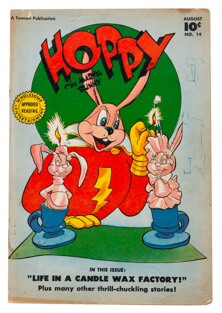 A Hoppy the Marvel Bunny #14 Comic Book.: (Fawcett, 1947) A Hoppy the Marvel Bunny Vol. 3 No. 14 comic book. Measuring 7" x 10.25", the comic book is in fair condition with heavy pen and ink inscriptions, scuffs, handling wear, and