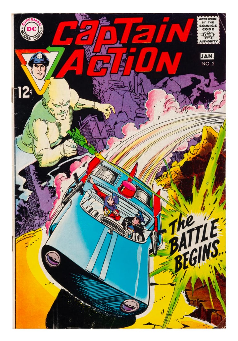 A Captain Action #2 Comic Book.: (DC, 1969) A Captain Action #2 Silver Age comic book, with cover art by Gil Kane. Measuring 7" x 10.25", the comic book is in good condition with creases, corner folds, handling wear, and