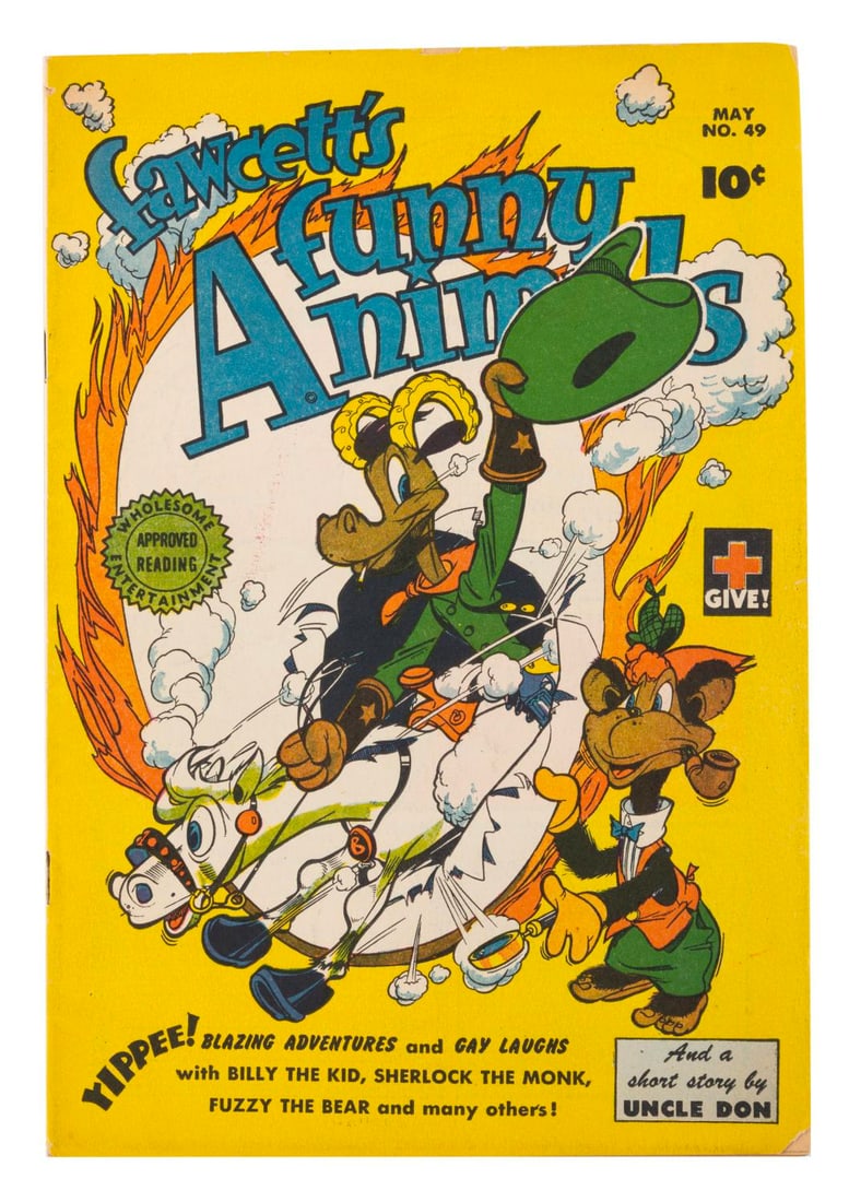 A Fawcett's Funny Animals #49 Comic Book.: (Fawcett, 1947) A Fawcett's Funny Animals Vol. 9 No. 49 comic book featuring Billy the Kid and Oscar, Willie the Worm, Sherlock the Monk, and more. Measuring 7" x 10.25", the comic book is in good