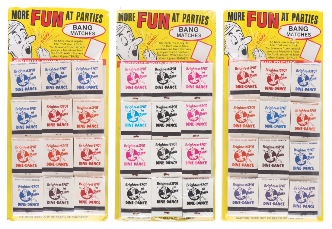 Three Prank Bang Matches Store Displays.: (1950s-60s) Three sealed store displays for Bang Matches each with 12 unused packs of prank matches that make an explosive sound when used. Measuring 10.5" x 5", the displays are in very good