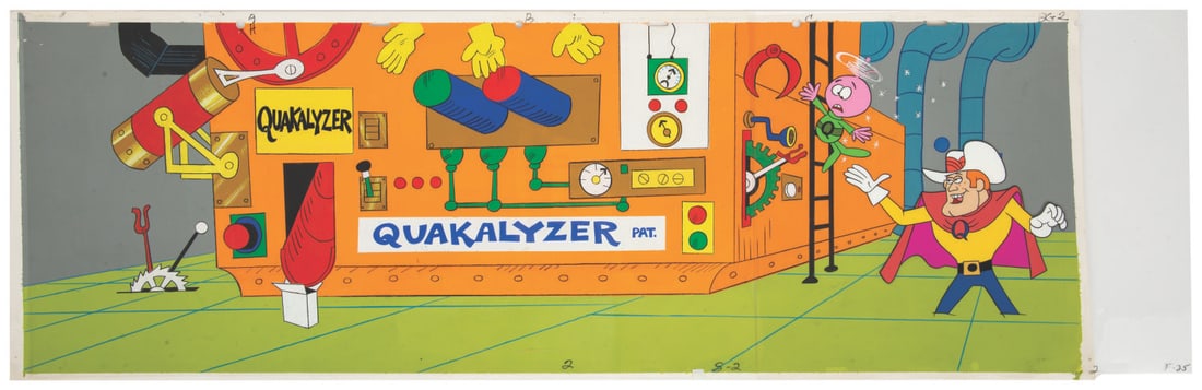 A Quisp and Quake Production Cel and Pan Background.: (Quaker Oats, 1970s) An original multi-layer production cel and pan production background from a Quisp and Quake commercial. Measuring 34" x 10.75", the art is in very good condition with light scratc