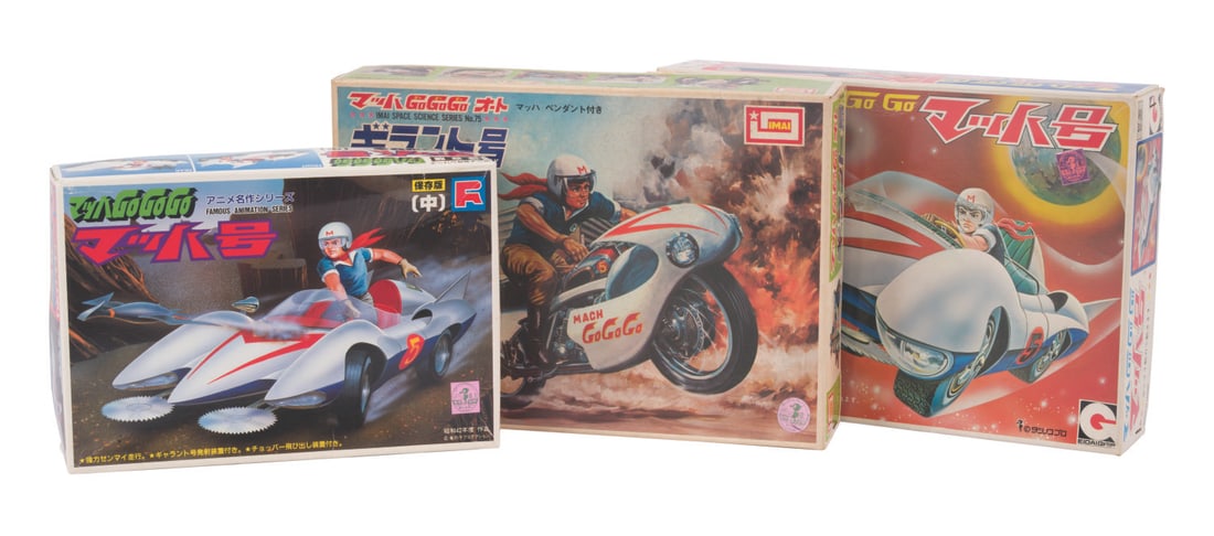 Three Speed Racer Model Kits.: (Fujisaki/Eidai/Imai, 1970s-84) Three vintage Speed Racer vehicle model kits, including both Eidai Grip and Fujisaki Mach V kits and a rare Speed Racer motorcycle kit. All the model kits are in fine