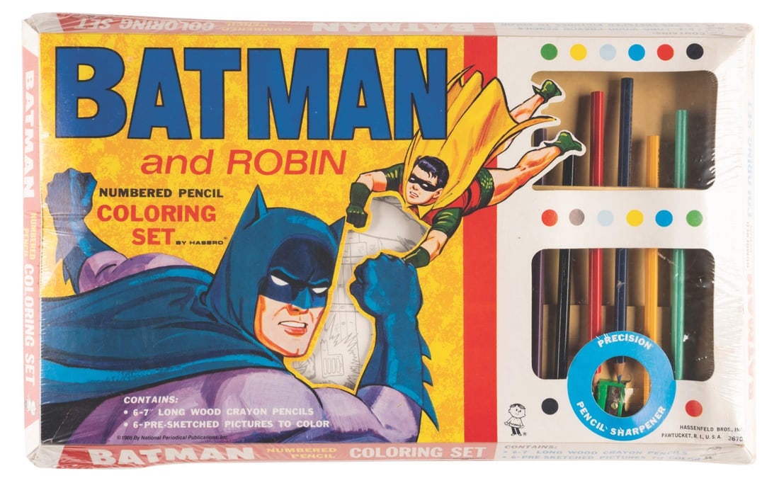 A Batman and Robin Numbered Pencil Coloring Set.: (Hasbro, 1966) A rare factory shrink-wrapped Batman and Robin Numbered Pencil Coloring Set by Hasbro. Inside are 6 colored pencils, 6 pictures for coloring, and a pencil sharpener. Measuring 10.5" x