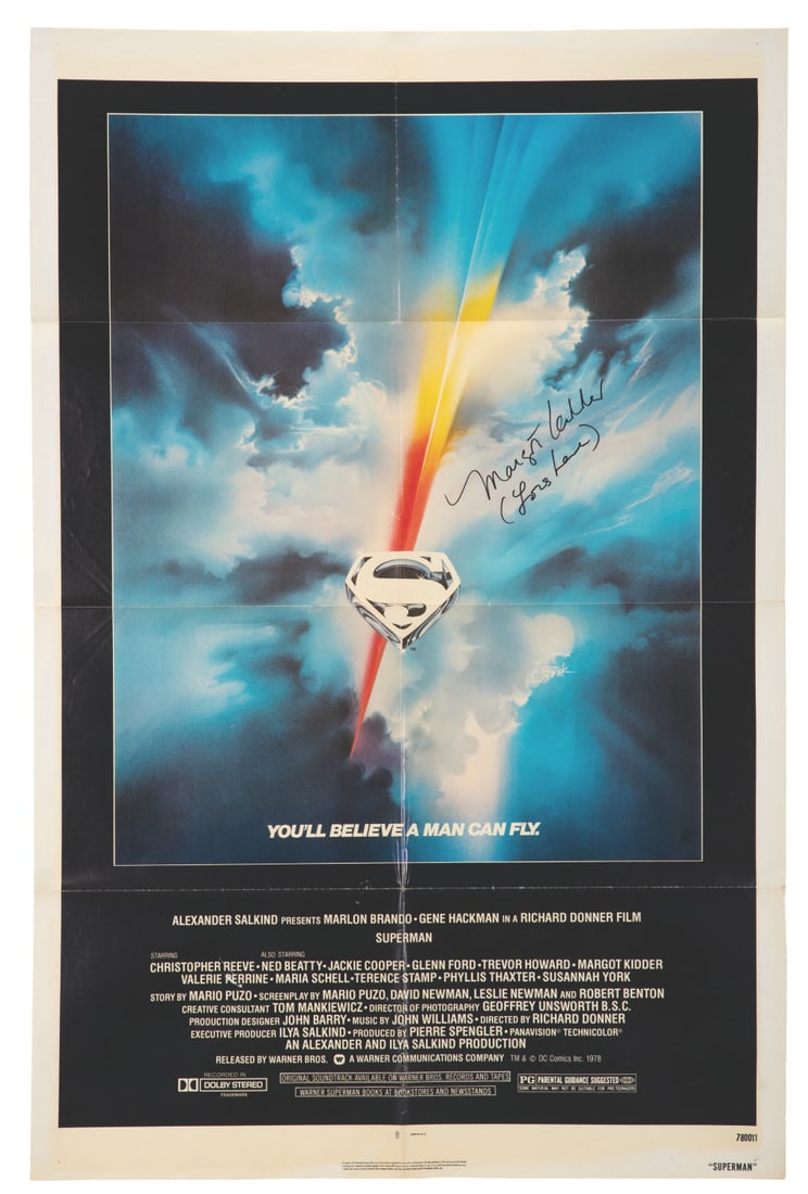A Margot Kidder Signed "Superman: The Movie" One-Sheet.: (Warner Bros., 1978) A one-sheet for "Superman: The Movie," signed by Lois Lane actress Margot Kidder. Measuring 27" x 41", the poster is in good condition with wear along the original folds,