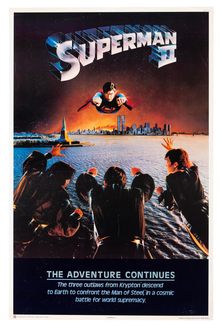 A "Superman II" Poster.: (Thought Factory, 1980) A poster for "Superman II" starring Christopher Reeve, released by Thought Factory under license from DC. Measuring 23" x 35", the poster displays in good condition, with
