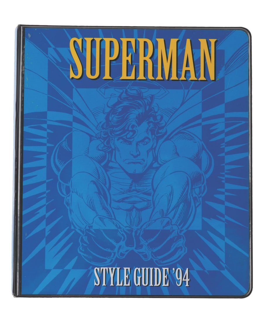 A 1994 "Superman" Style Guide.: (DC Comics/Warner Bros., 1994) A "Superman" style guide for licensees featuring the art approval pipeline, use of trademarks, copyrights, logos, typefaces, samples of merchandise artwork, sculpting