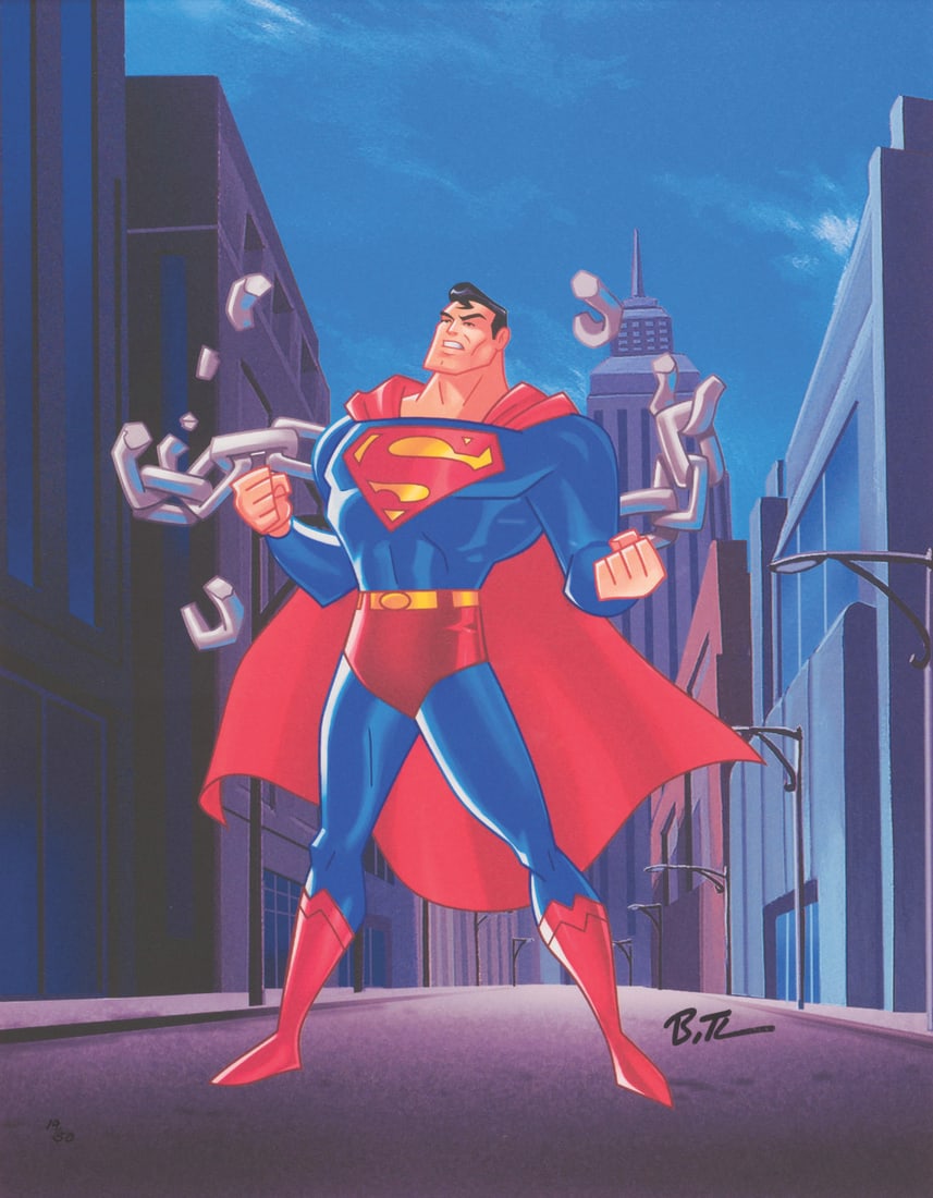 A Bruce Timm Signed Superman Limited Edition Print.: (Warner Bros., 2003) A giclee print of Superman as he appears in "Justice League," signed by series creator Bruce Timm. Titled "The Man of Steel," the limited edition print is hand-numbered 19 out of