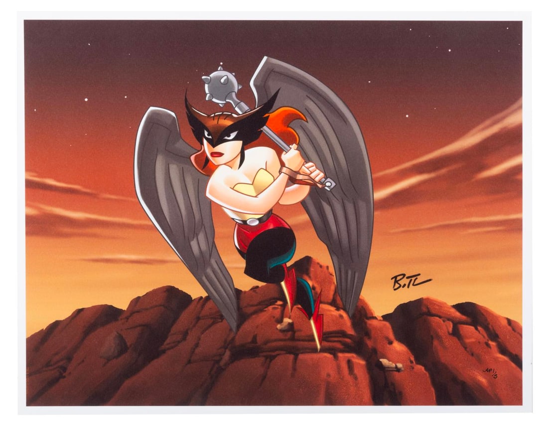 A Signed Hawkgirl "A Bird of Prey" Justice League Limited Giclee Print.: (Warner Bros., 2003) A limited edition print titled "Bird of Prey" based on the "Justice League" animated series. Featuring Hawkgirl, the giclee on paper print was created by the Warner Bros. art