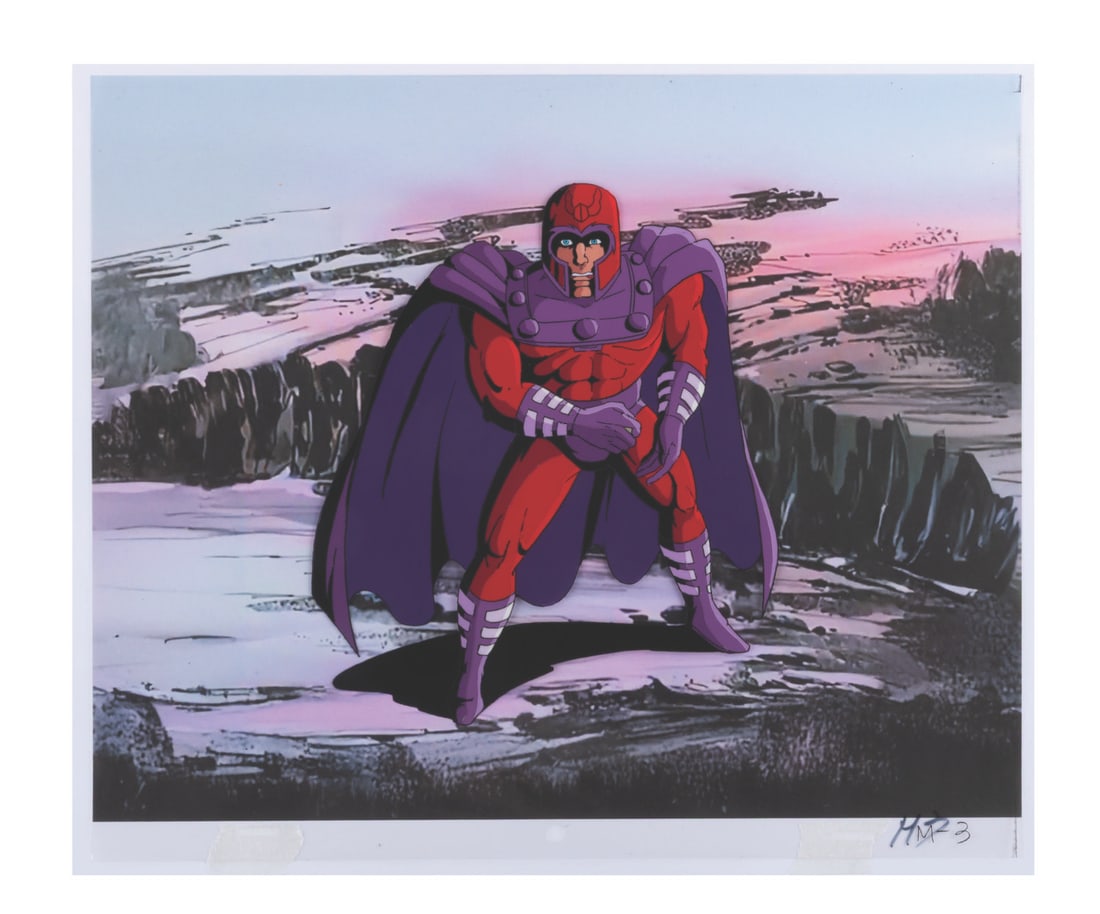An "X-Men" Magneto Production Cel.: (Fox, 1993) An original production cel of Magneto from the "X-Men: The Animated Series" episode "Red Dawn," with a color copy background. With a character size of 6.25" x 7.5" on the 10.5" x 12.5" cel