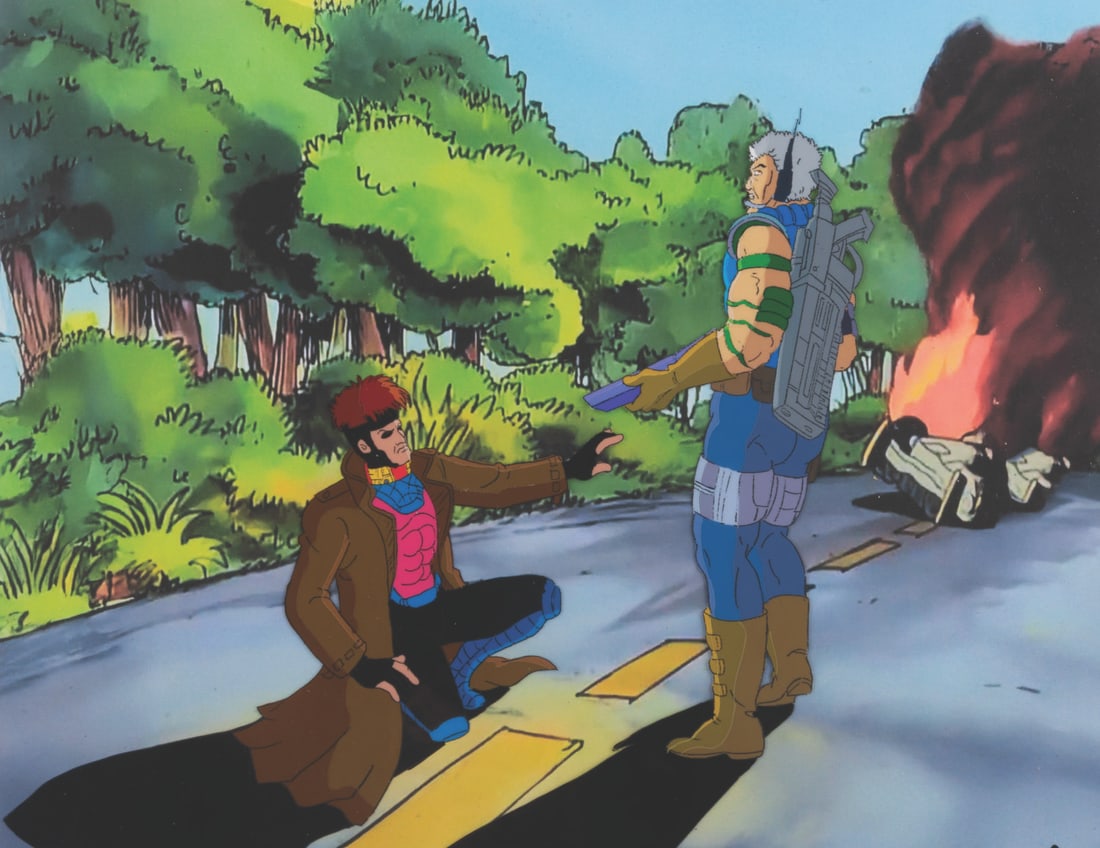 An "X-Men" Gambit and Cable Production Cel.: (Fox, 1993) An original multi-layer production cel of Gambit and Cable from the "X-Men: The Animated Series" episode "Slave Island," with a color copy background. With a character size of 6.5" x 8"