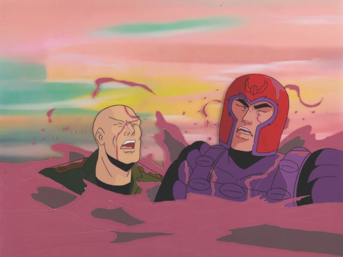 An "X-Men" Professor X and Magneto Production Cel.: (Fox, 1994) An original production cel of Professor X and Magneto from the "X-Men: The Animated Series" episode "Beauty and the Beast," with a color copy background. With a character size of 5" x 11"