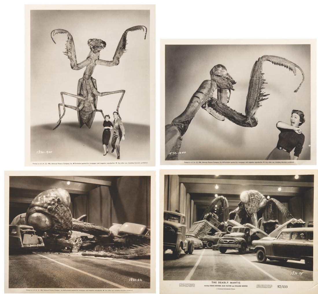 A Collection of "The Deadly Mantis" Promotional Photos.: (Universal, 1956) A collection of four publicity photos from "The Deadly Mantis." Pictured are the Mantis, actor Craig Stevens, and actress Alix Talton. Measuring 8" x 10", the photos are in good to v
