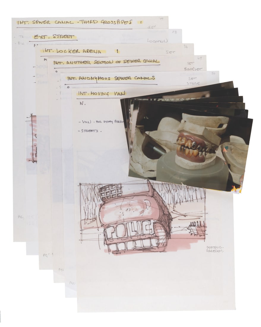 A Collection of "Total Recall" Storyboards and Prop Photos.: (Tri-Star, 1990) A collection of six hand-drawn storyboards and six photographs from production of the Arnold Schwarzenegger sci-fi classic "Total Recall." Accomplished in marker, the atmospheric
