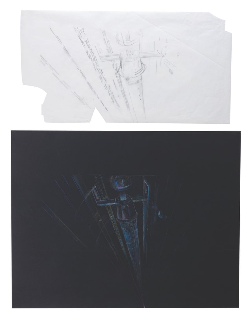 "Star Wars" Death Star Tractor Beam Original Concept Art.: (20th Century-Fox, 1977) A pair of original concept drawings for the Death Star tractor beam control room from "Star Wars." These concepts by Harrison Ellenshaw provided the basis for his matte