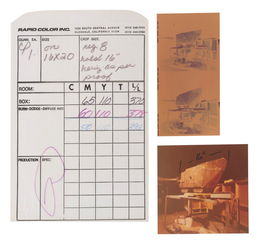 A "Star Wars" Sandcrawler Negative & Transparency.: (20th Century-Fox, 1977) A "Star Wars" negative and transparency of the model for the Jawa's Sandcrawler. These photos were taken in Industrial Light & Magic's original production offices, located in