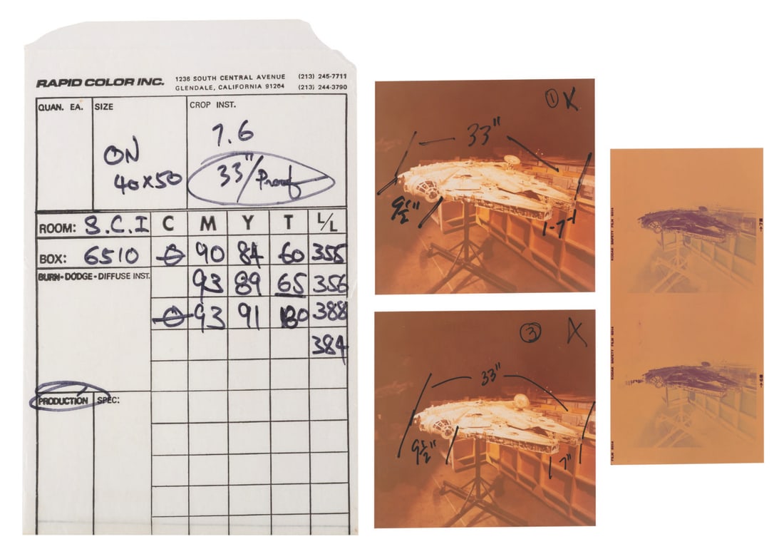 A Set of "Star Wars" Millennium Falcon Negatives & Transparency.: (20th Century-Fox, 1977) A set of two negatives and one transparency of the Millennium Falcon model from "Star Wars." These shots of Han Solo's iconic ship were taken in Industrial Light & Magic's