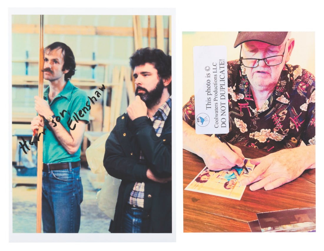A Harrison Ellenshaw Signed Photograph with George Lucas.: (20th Century-Fox, 1977) A very rare behind-the-scenes photo of George Lucas and Harrison Ellenshaw working on the original "Star Wars." Ellenshaw, the acclaimed matte artist on the film, signed the p
