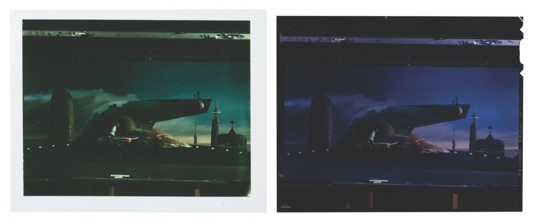 A "The Empire Strikes Back" Slave I Ektachrome Transparency & Photo.: (20th-Century Fox, 1980) An Ektachrome transparency and photograph of the matte painting of Slave I landing in Cloud City from "The Empire Strikes Back." These images of Boba Fett's ship come from