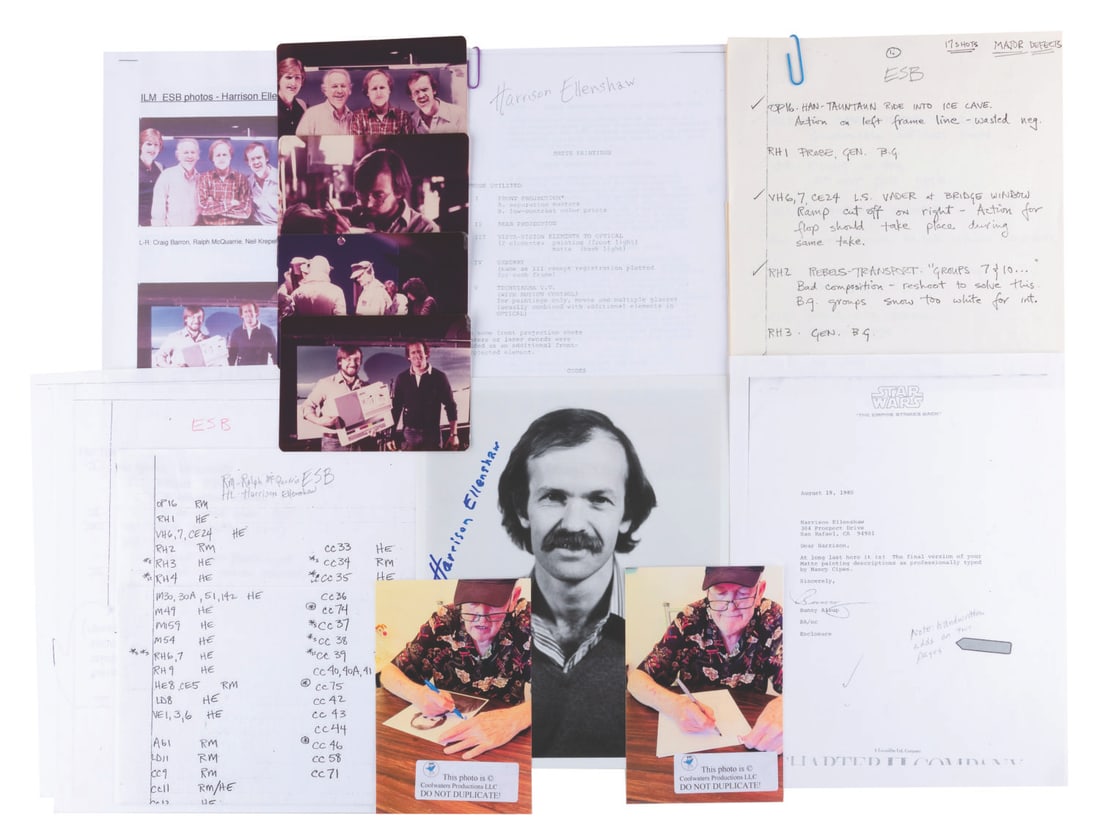 A Large Collection of "Empire Strikes Back" Production Materials.: (20th-Century Fox, 1980) A large collection of production materials from "The Empire Strikes Back." Included are a signed headshot of legendary matte painter Harrison Ellenshaw; 17 pages breaking