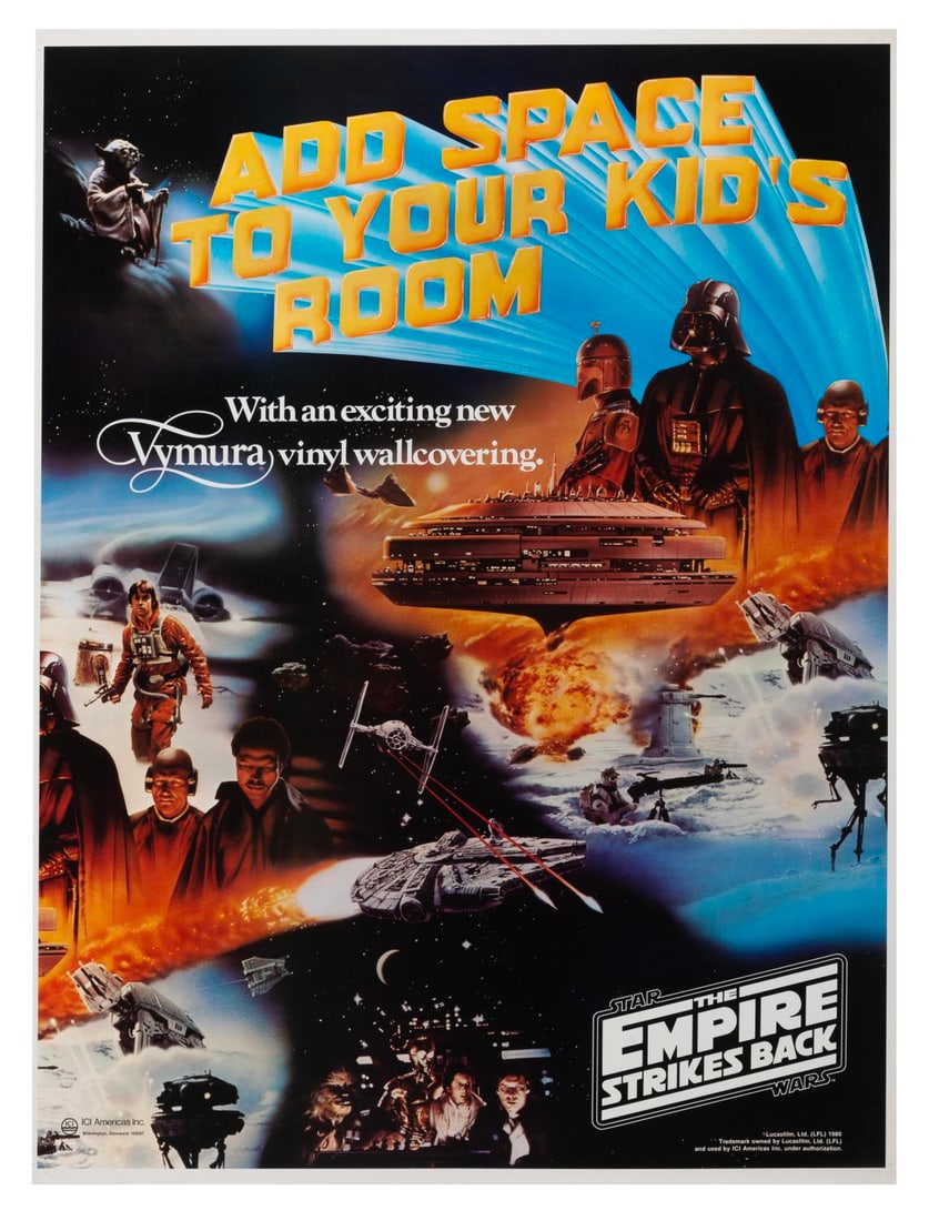 A "The Empire Strikes Back" Vinyl Mural In-Store Poster.: (Vymura, 1980) An in-store poster promoting Vymura vinyl wallcoverings from "The Empire Strikes Back." This rare poster features the collage of scenes from the film seen on their product. Measuring