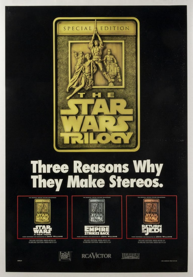 A Star Wars Soundtrack Advertising Poster.: (20th Century Fox/RCA, 1997) A poster for the soundtracks of the Special Edition of the original Star Wars Trilogy. Measuring 24.25" x 35.75", the poster is linen-backed for preservation, in good cond