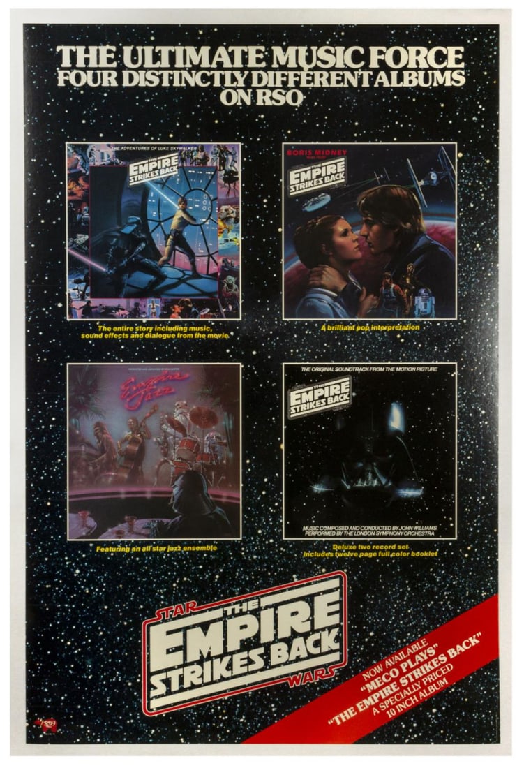 An RSO Record "The Empire Strikes Back" Poster.: (RSO Records, 1980) An original poster created to promote the four RSO Records albums relating to "The Empire Strikes Back." Measures 36.5" x 24". The poster is in very good condition with some faint