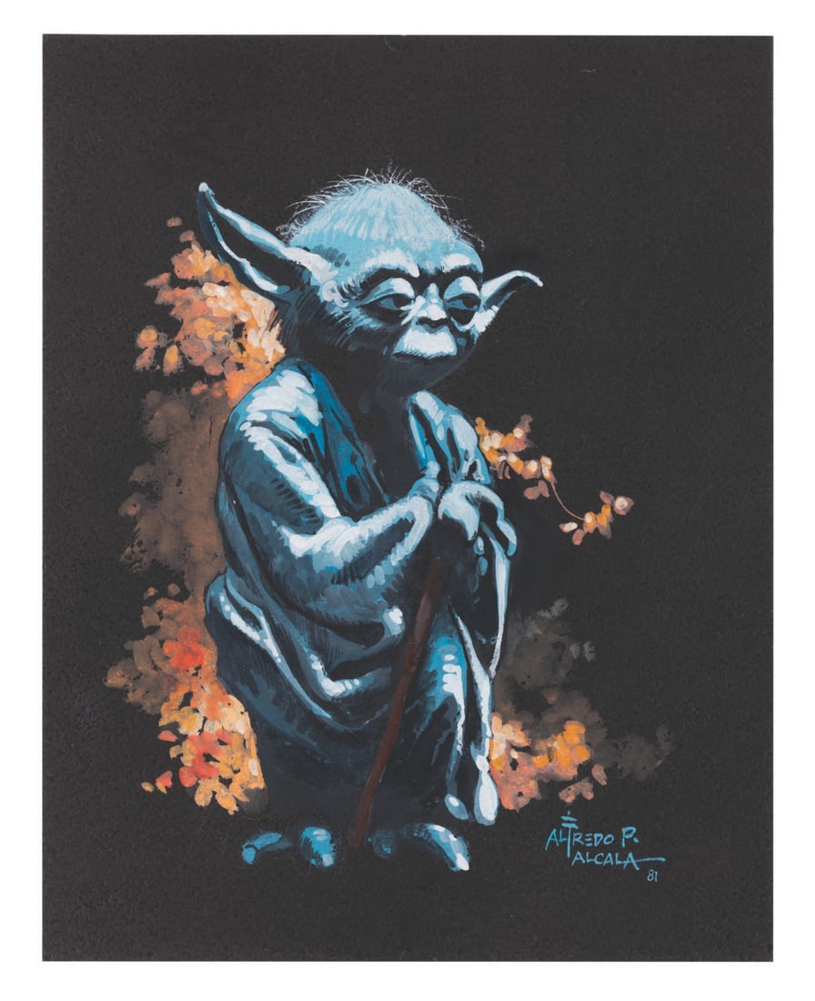 An Original Yoda Painting by Alfredo Alcala.: (Alcala, 1981) An original painting of Yoda by acclaimed artist Alfredo Alcala, who worked on the Star Wars newspaper comic strips. This instantly recognizable piece of Star Wars history is signed by