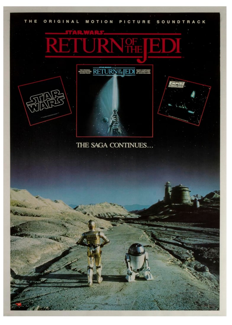 A "Star Wars: Return of the Jedi" RSO Records Soundtrack Poster.: (RSO Records, 1983) A poster for the release of the original motion picture soundtrack for "Return of the Jedi," with music by renowned composer John Williams. Measuring 22.5" x 33", the poster is in 