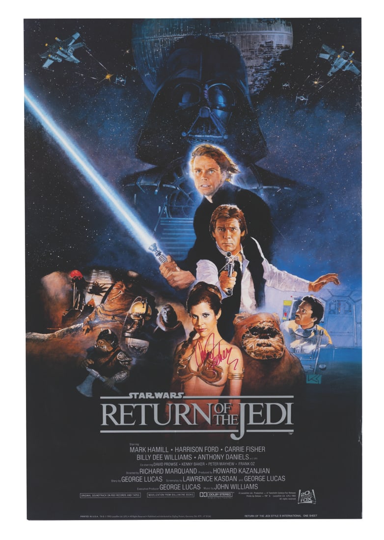 A Carrie Fisher Signed "Return of the Jedi" Poster.: (ZigZag, 1993) A "Return of the Jedi" poster signed by Princess Leia herself, Carrie Fisher. This reproduction of the original style B international one-sheet was printed through an exclusive license