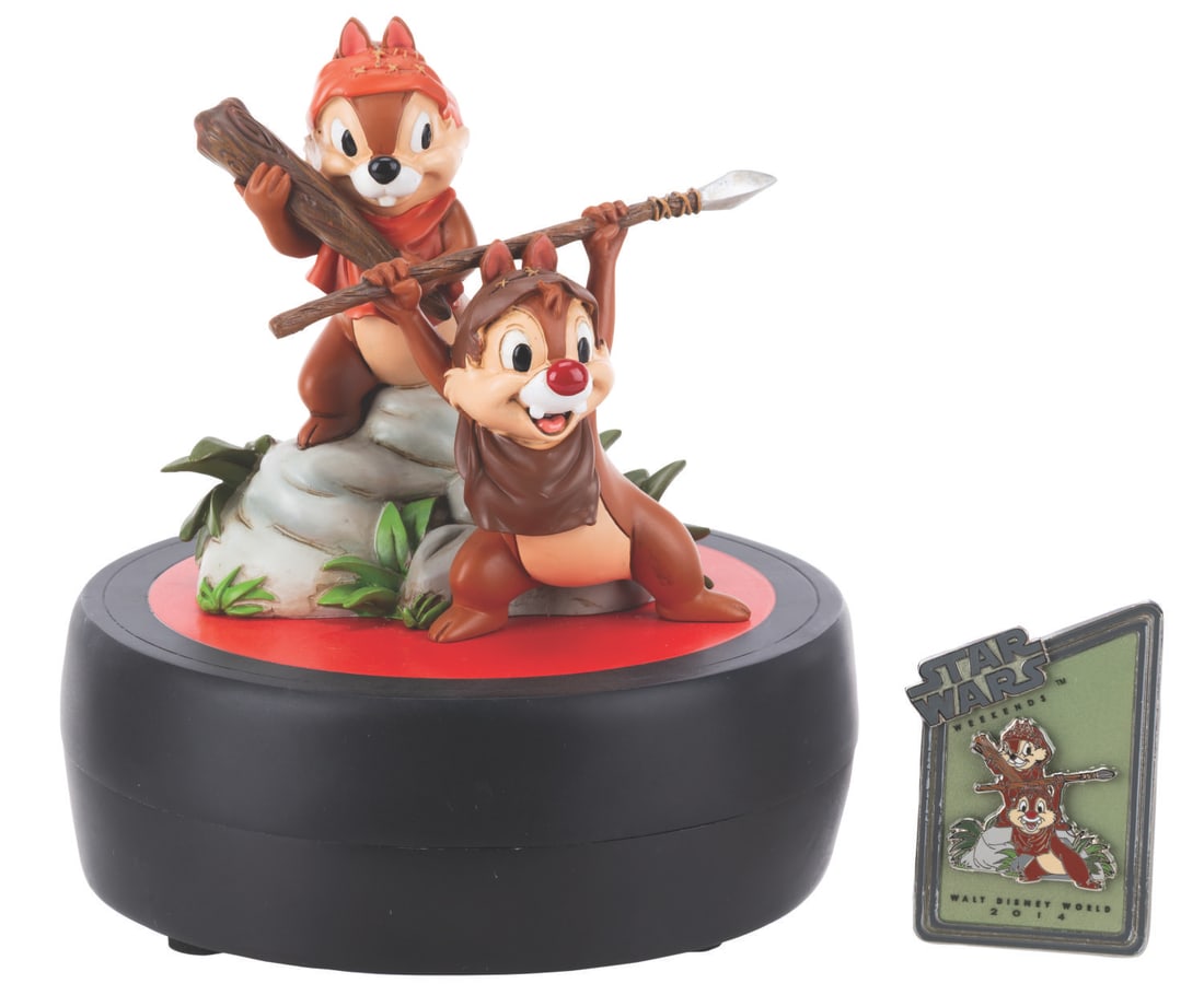 A Chip ?n Dale as Ewoks Medium Fig with Pin.: (Walt Disney World, 2014) A Medium Fig of Chip ?n Dale dressed as Ewoks from "Star Wars: Return of the Jedi," designed by Disney artist Costa Alavezos. The figurine, released in a limited edition of