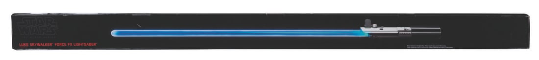 A Star Wars: The Black Series Luke Skywalker Force FX Lightsaber.: (Hasbro, 2015) A Star Wars: The Black Series Luke Skywalker Force FX Lightsaber, manufactured by Hasbro. Luke's blue-blade lightsaber features a real metal hilt, display stand, lighting effects, and a