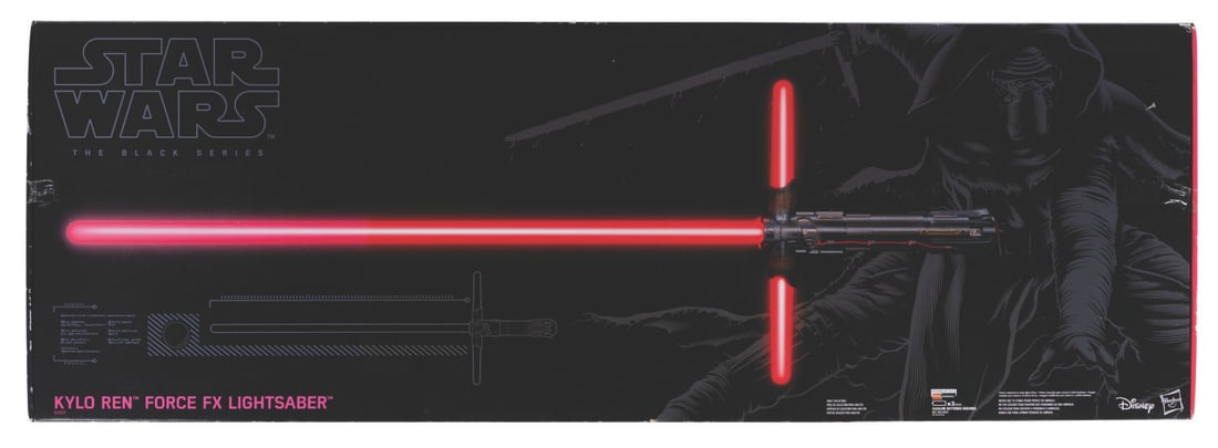 A Star Wars: The Black Series Kylo Ren Force FX Lightsaber.: (Hasbro, 2015) A Star Wars: The Black Series Kylo Ren Force FX Lightsaber, manufactured by Hasbro. The sequel trilogy villain's red cross lightsaber features a real metal hilt, display stand, lighting