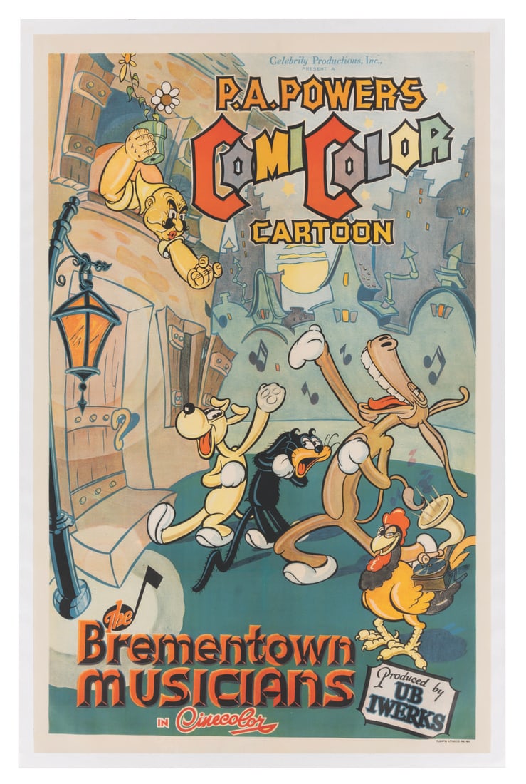 Ub Iwerks "The Brementown Musicians" One-Sheet Poster.: (Celebrity Productions, 1935) An extremely rare original stone lithographic one-sheet poster for Ub Iwerks' "The Brementown Musicians." Iwerks left Disney in 1930 to run his own studio for Disney's