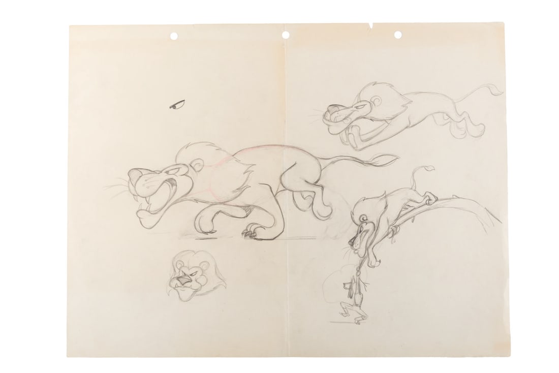 An Original Fleischer Studios Lion Model Sheet.: (Fleischer, 1940s) A hand-drawn model sheet of a lion attributed to Fleischer Studios. Measuring 11.75" x 15.5", the model sheet, accomplished in graphite and red pencil, is in good condition, with a