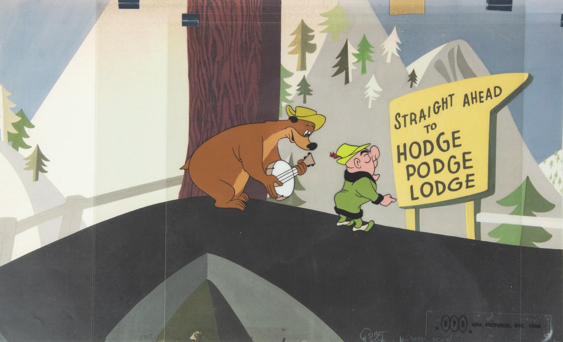 Original Mr. Magoo Production Cels from "Ragtime Bear.": (UPA, 1949) Original production cel from the UPA Studios 1949 theatrical short, "Ragtime Bear." This short featured the first appearance of Mr. Magoo. The cles of the bear and Magoo are untrimmed and 