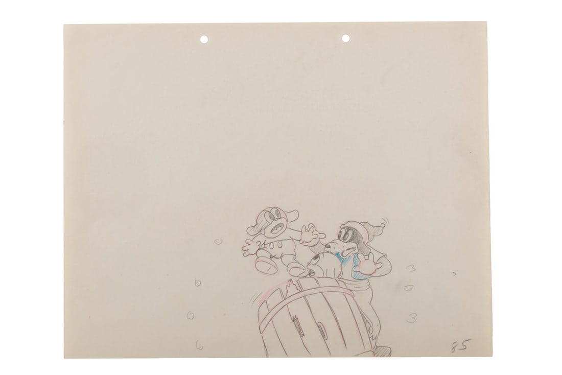 A "The Phantom Ship" Original Production Drawing.: (Schlesinger, 1936) An original production drawing of Ham, Ex, and a pirate from the early Looney Tunes cartoon "The Phantom Ship." Accomplished in graphite and colored pencil, the drawing has an imag