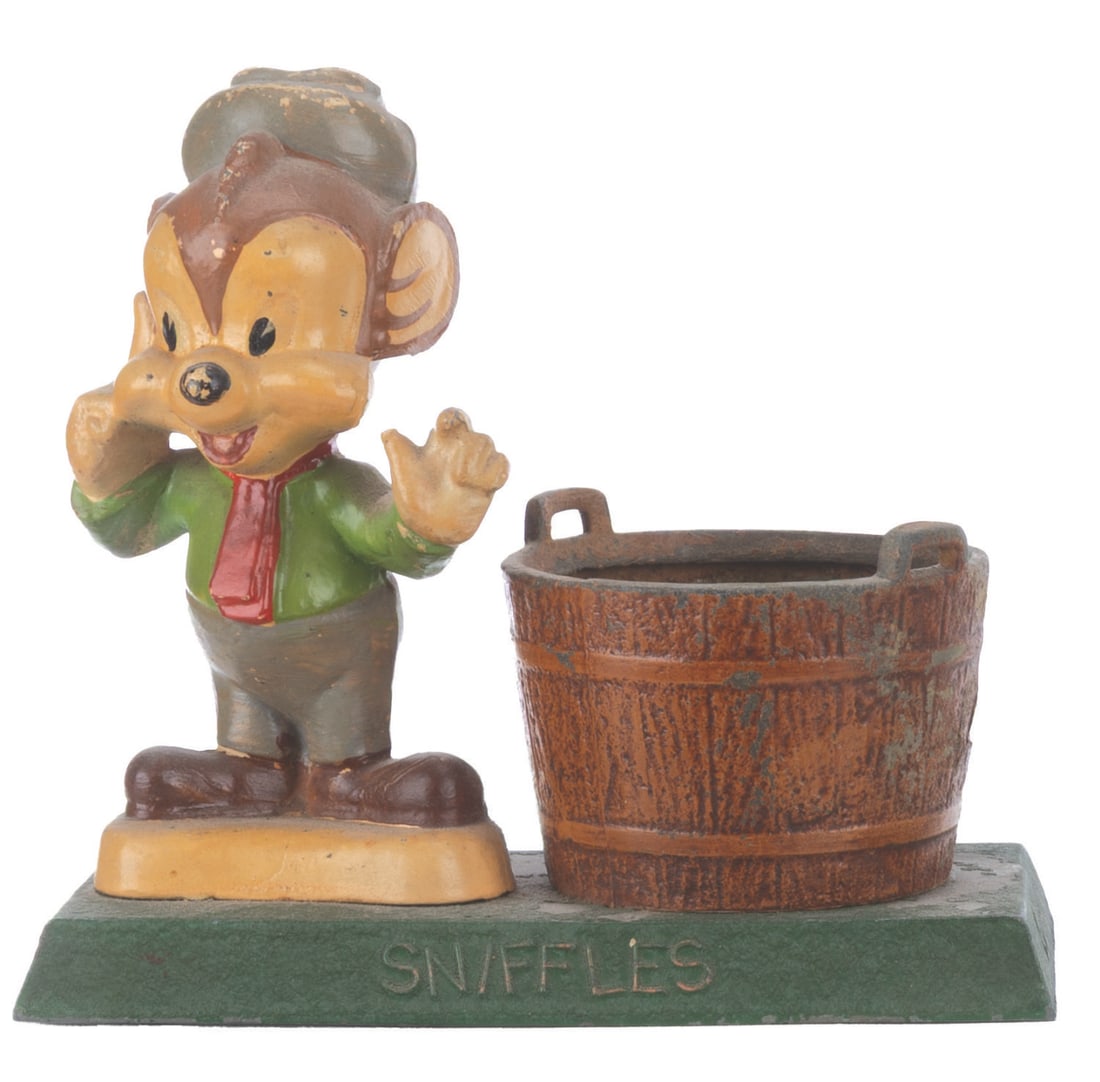 A Sniffles Metal Trinket Box.: (Metal Moss MFG., 1940s-50s) A hand-painted cast-iron trinket box of Sniffles from Warner Bros. Merrie Melodies and Looney Tunes cartoons. Measuring 3" x 5.75" x 5.5" tall, the trinket box is in good 