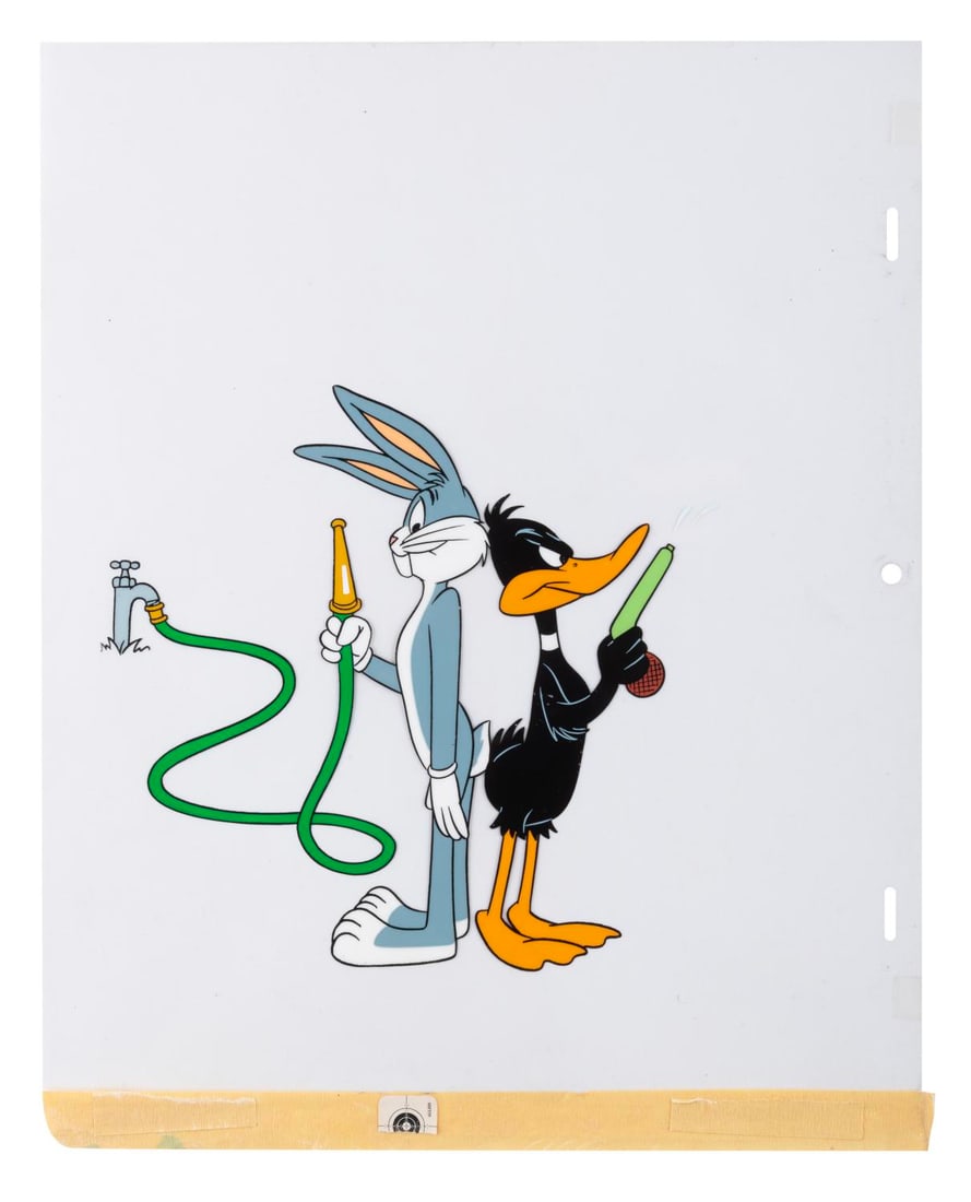 A Bugs Bunny and Daffy Duck Publicity Cel.: (Warner Bros., 1970s-80s) A publicity cel featuring Bugs Bunny and Daffy Duck. Measuring 12.25" x 10.5" with a character image size of 7" x 6.75", the cel is in very good condition with two 0.5" x