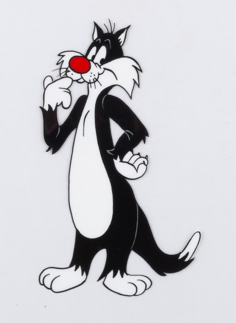A Sylvester Production Cel.: (Warner Bros., 1970s-80s) An original hand-painted production cel of Sylvester from an unknown production. With a character image of 4.5" x 2.75" on a 10.5" x 12.5" cel, the piece is in fine