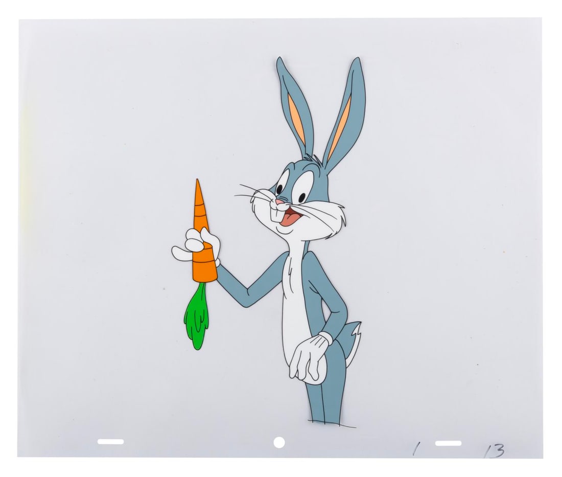 A Bugs Bunny with Carrot Production Cel.: (Warner Bros., 1970s-80s) An original hand-painted production cel of Bugs Bunny from an unknown production. With a character image size of 9" x 5" on a 10.5" x 12.5" cel, the piece is in good