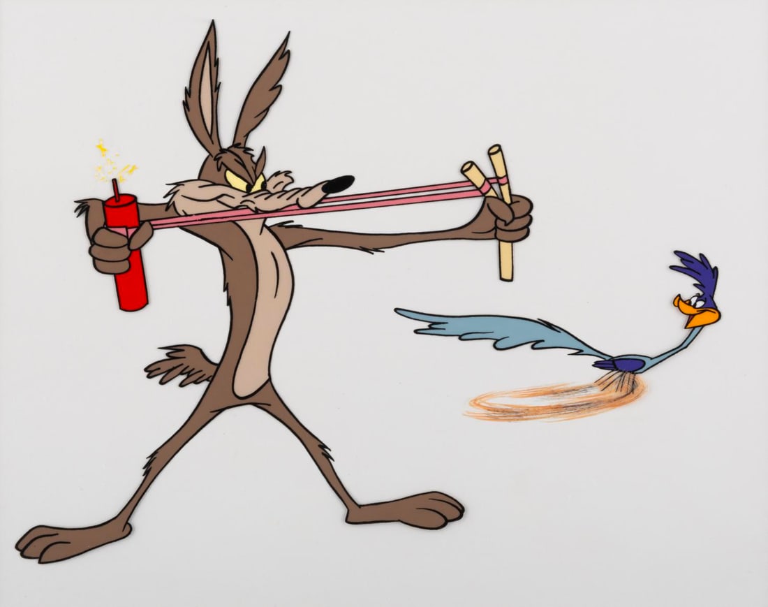 A Wile E. Coyote and Road Runner Publicity Cel.: (Warner Bros., 1980s-90s) A hand-painted Studio publicity cel of Wile E. Coyote and Road Runner. With a character image size of 6.5" x 8.5" on a 9.5" x 7.5" visible cel in an 11" x 14" matte, the