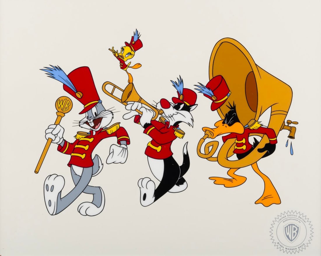 A Bugs Bunny, Sylvester, Tweety, and Daffy Sericel.: (Warner Bros., 1994) A limited edition sericel of Bugs Bunny, Sylvester, Tweety, and Daffy Duck as a marching band. The cel was offered at a screening in Los Angeles on May 28, 1994. With a character