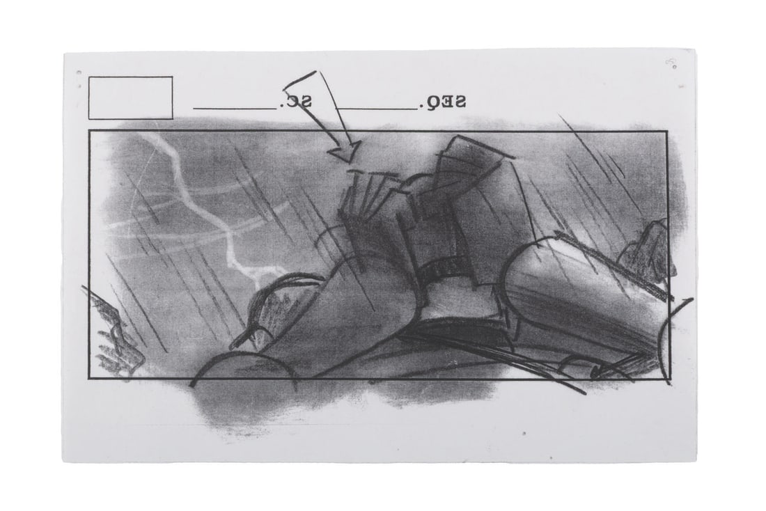 A "The Iron Giant" Production-Used Storyboard Xerox.: (Warner Bros., 1999) A production-used storyboard xerox from Brad Bird's "The Iron Giant." The art depicts the Giant in a moment of extreme anguish as lightning crashes behind him. Measuring 5.5" x