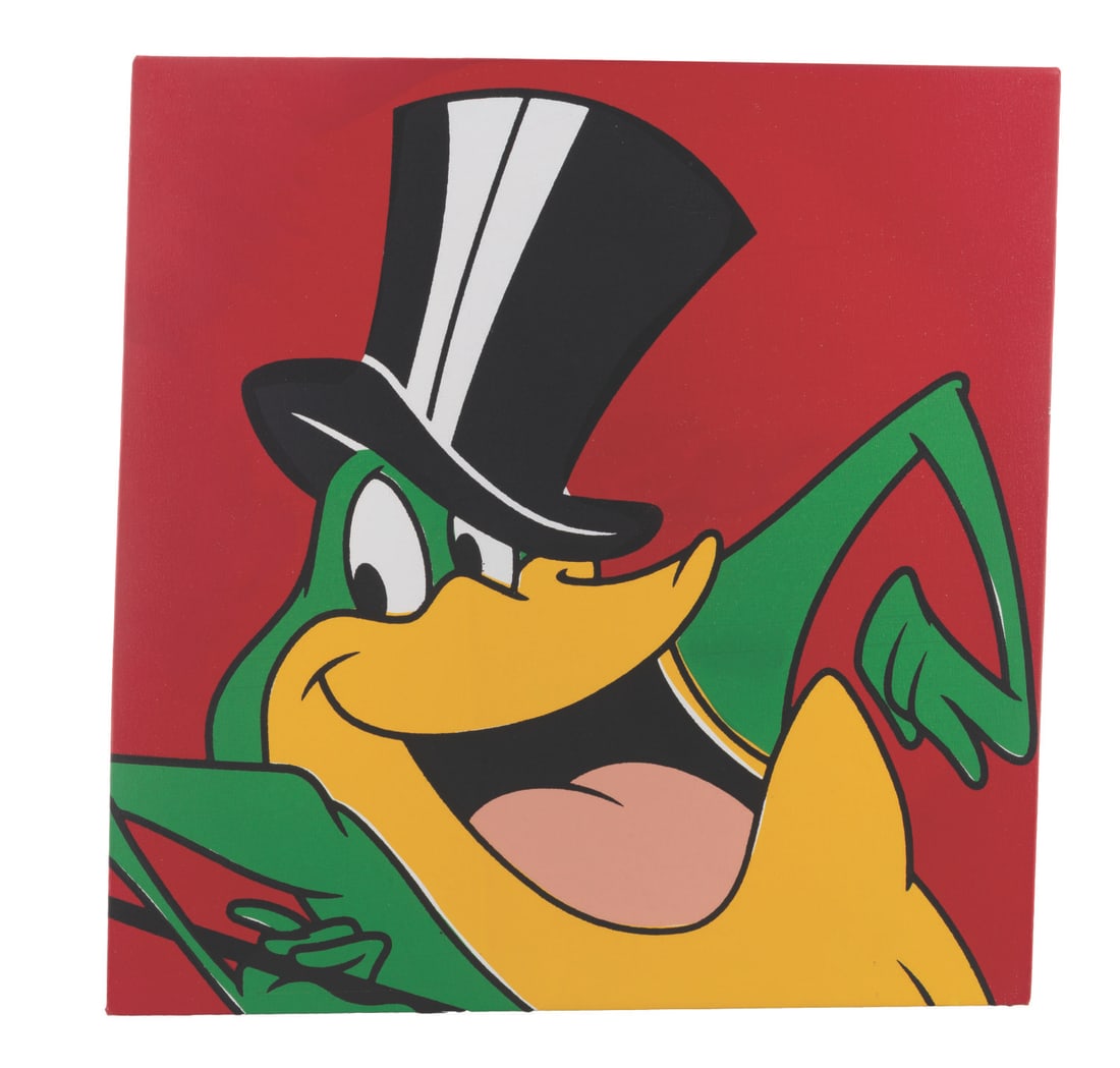 A Limited Edition 50 Michigan J. Frog Silkscreen on Canvas.: (Warner Bros., 1999) A hand-silkscreened print on canvas of Michigan J. Frog. The print was created by Steve Kaufman, hand-stretched on a custom-made wooden frame, signed on the back, and numbered 35