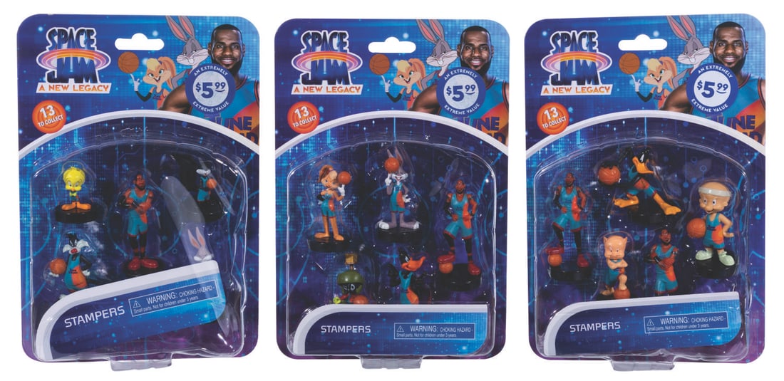 A Set of "Space Jam: A New Legacy" Stampers.: (Warner Bros., 2021) A complete unopened set of fifteen stampers from the live-action and animated film "Space Jam: A New Legacy." Included are two of Bugs Bunny, two of Daffy Duck, Marvin the