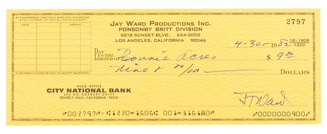 A Jay Ward Signed Check.: (Ward, 1982) A canceled Jay Ward Productions check signed by Ward and made out to Bonnie Acres. Measuring 3" x 8.25", the check displays in good condition with light edge wear and a vertical fold
