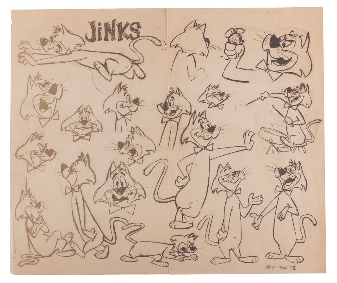 A "Mr. Jinks" Photostat Model Sheet.: (Hanna-Barbera, 1960) An original studio used photostat model sheet of Mr. Jinks, who appeared alongside Pixie and Dixie in a segment of "The Huckleberry Hound Show" from 1958 to 1961. The model