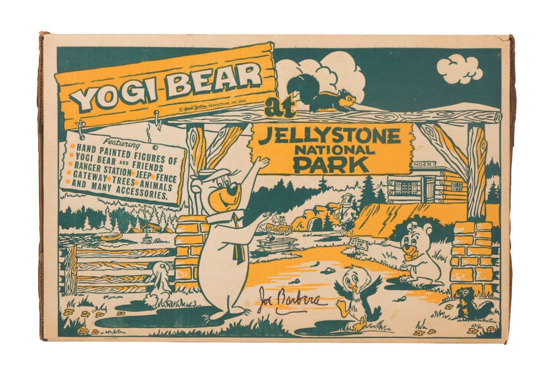 A Joe Barbera Signed Yogi Bear at Jellystone Park Playset.: (Marx, 1962) A Yogi Bear at Jellystone National Park Playset signed by the character's co-creator Joe Barbera. The set includes 76 animals, accessories, buildings, the Ranger's jeep, and the original 