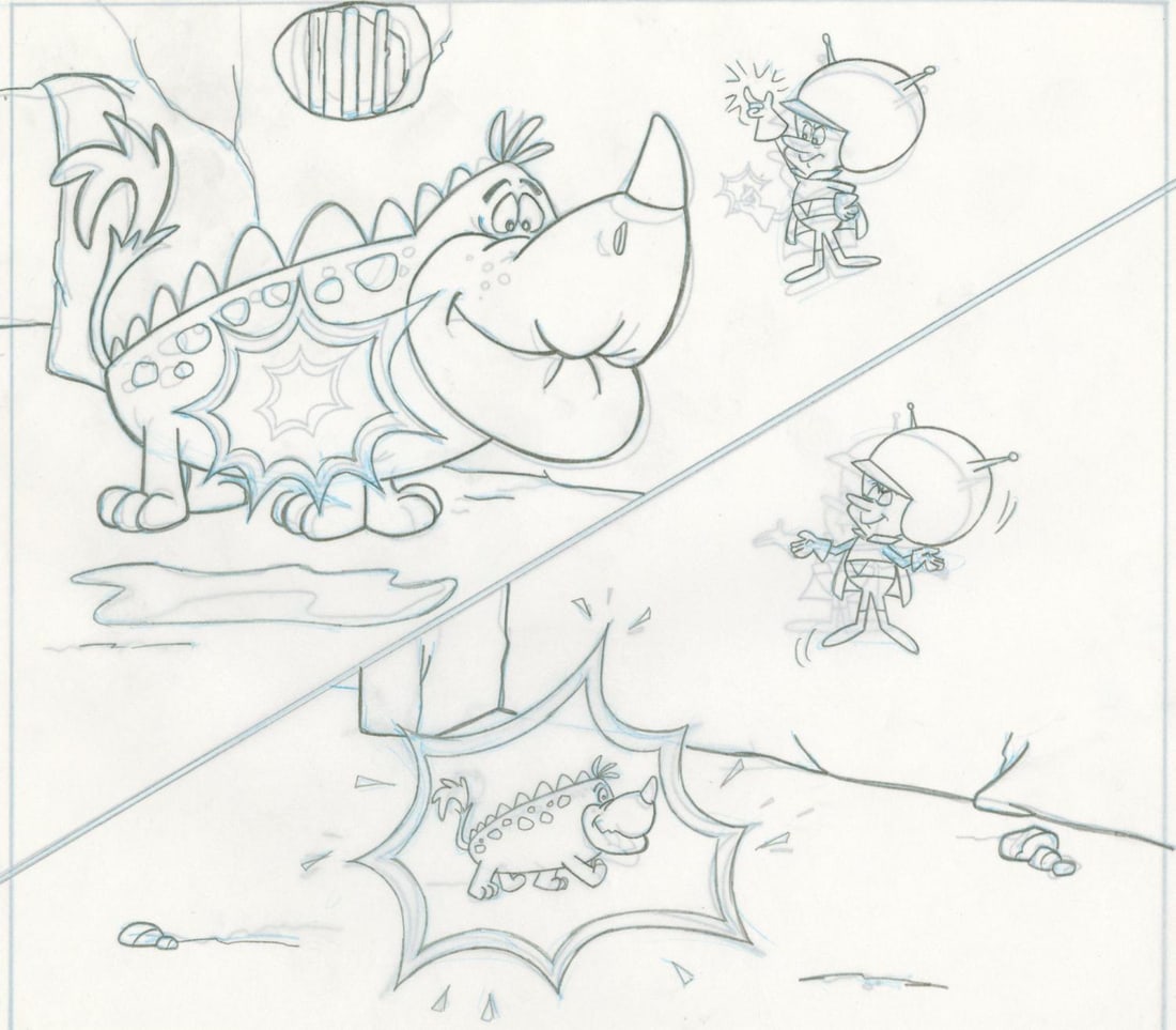 The Great Gazoo View-Master Slide Development Art.: (Hanna-Barbera, 1991) An original development drawing for a View-Master slide, featuring The Great Gazoo from the TV series, "The Flintstones." The graphite drawing and photocopies were created at the
